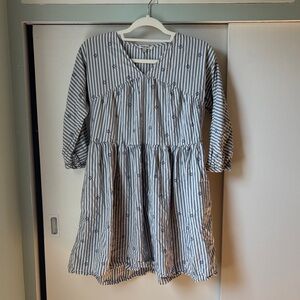 Madewell Cotton Poplin Mini Dress with Blue and White Stripes and Floral detail